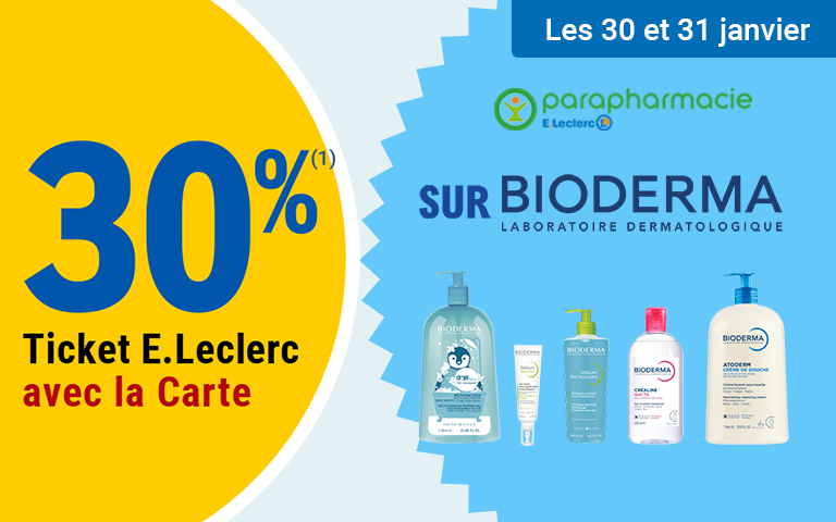 Les 30 et 31 janvier, profitez de 30% en Ticket E.Leclerc sur la Carte sur BIODERMA LABORATOIRE DERMATOLOGIQUE.