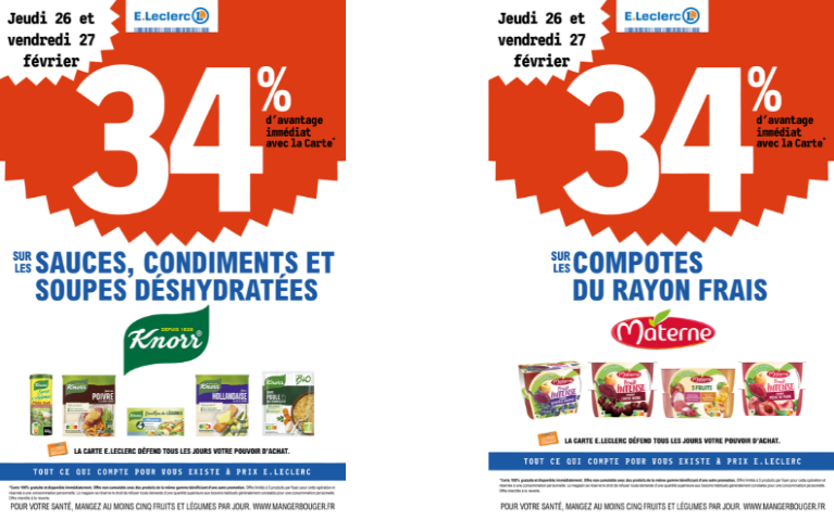 34% DE REMISE IMMEDIATE SUR LES SAUCES CONDIMENTS ET SOUPES DESHYDRATEES KNORR ET SUR LES COMPOTES MATERNE DU RAYON FRAIS DU 26 AU 27/02