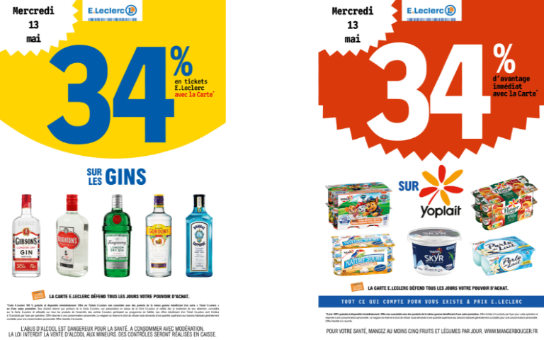 34% EN E.TICKET LECLERC SUR LES GINS ET 34% DE REMISE IMMEDIATE SUR LES YOPLAIT LE 13 MAI