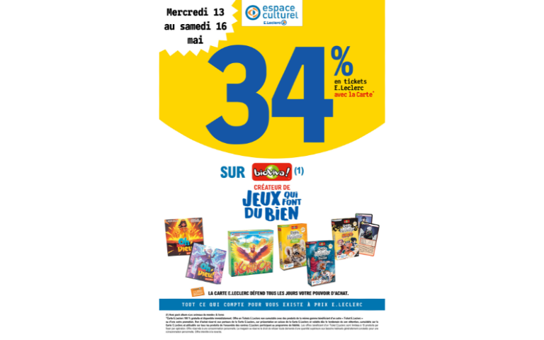 34% EN E.TICKET LECLERC SUR LES JOUETS BIOVIVA DU 13 AU 16 MAI
