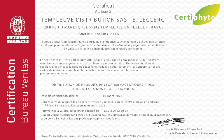 Certiphyto autorisant la distribution de produits phytopharmaceutiques jusqu'au 06/03/2026 délivré par le bureau Veritas le 07/03/23
