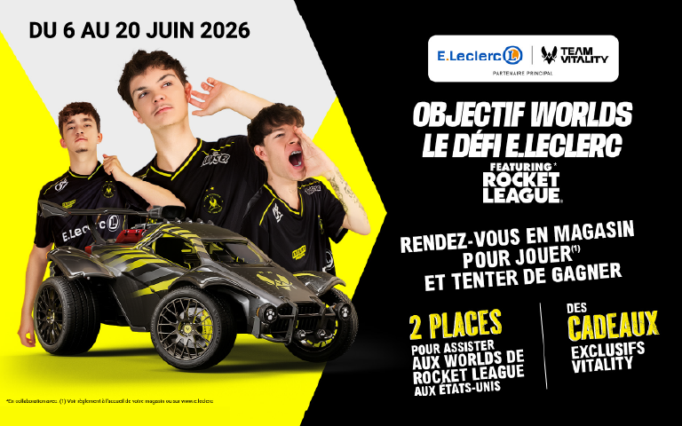 Du 6 au 20 juin 2026, tentez votre chance et venez participer au tournoi "Objectif Worlds le Défié E.Leclerc" featuring Rocket League dans votre Espace Culturel E.Leclerc de Flers. Rendez-vous en magasin pour jouer et tenter de gagner des cadeaux !