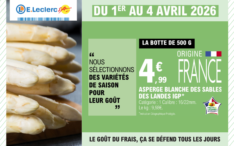 Du 1er au 4 avril, les asperges blanches IGP en botte de 500g sont à 4,99 €