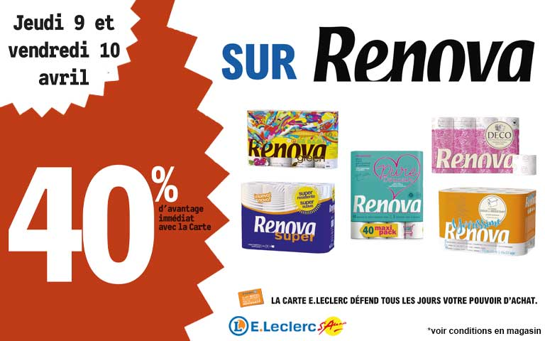 Jeudi 9 et Vendredi 10 avril, 40% d'avantage immédiat avec la carte sur Renova