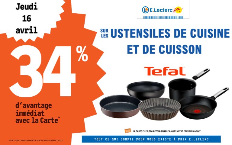 Le jeudi 16 avril, bénéficiez de 34% de remise immédiate sur les ustensiles de cuisine et de cuisson