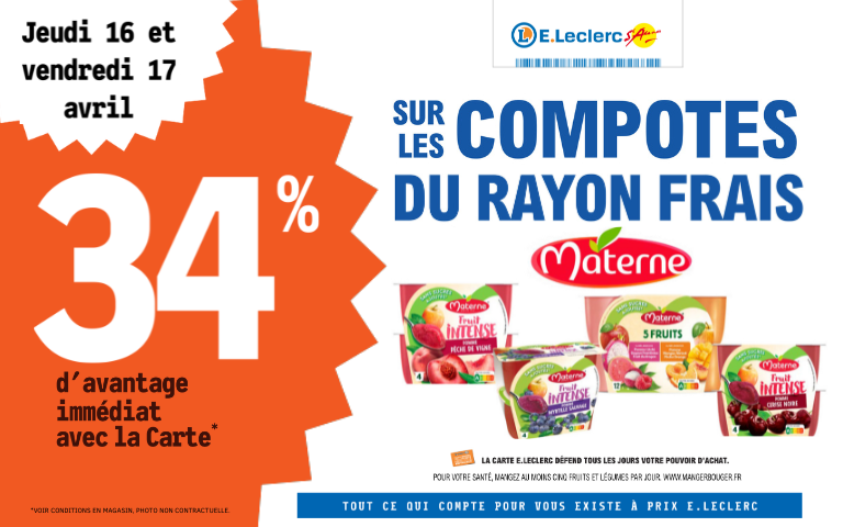 Jeudi 16 et vendredi 17 avril, bénéficiez de 34% de remise immédiate sur les compotes Materne du rayon frais avec la carte de fidélité.