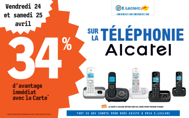 Du 24 au 25 avril 2026, bénéficiez de 34% de remise immédiate sur la téléphonie Alcatel avec la carte de fidélité.