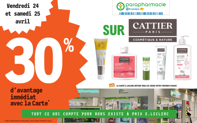 Du 24 au 25 avril, bénéficiez de 30% de remise immédiate sur e produits de la marque Cattier dans votre parapharmacie avec la carte du magasin.