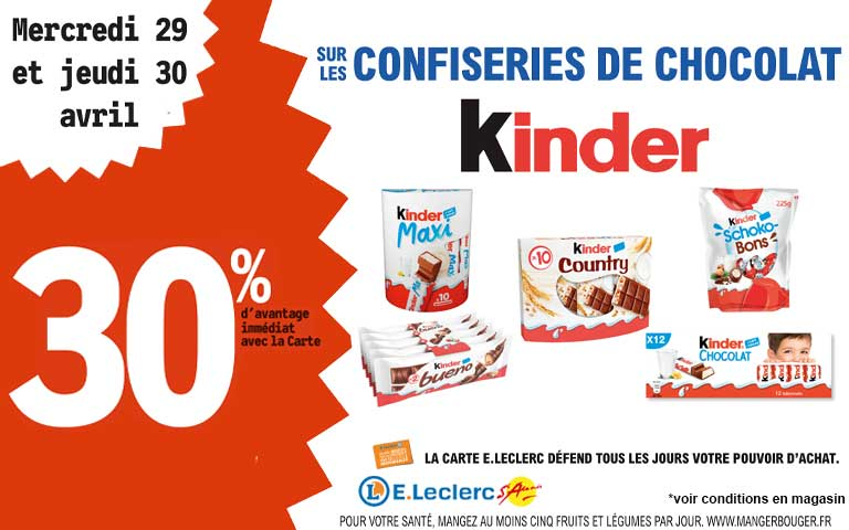Mercredi 29 et Jeudi 30 avril, 30% d'avantage immediat sur les confiseries de chocolat