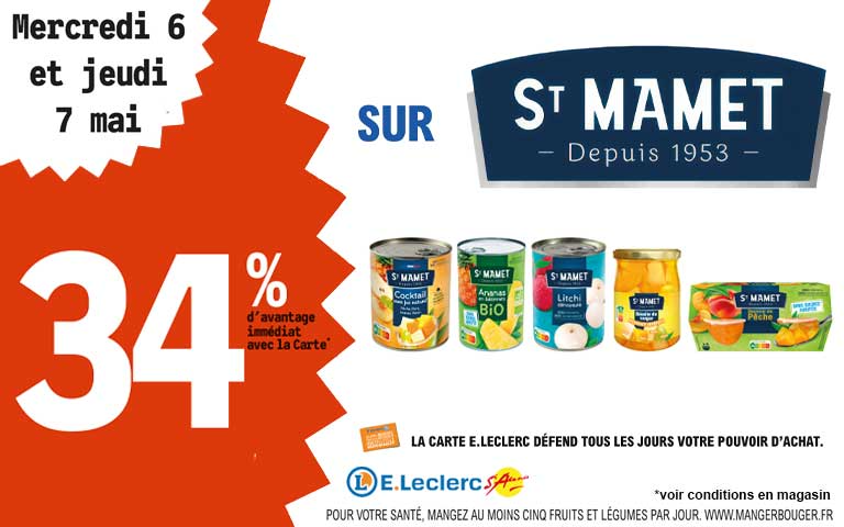 Mercredi 6 et Jeudi 7 mai, 34% d'avantage immédiat avec la carte sur la marque ST Mamet