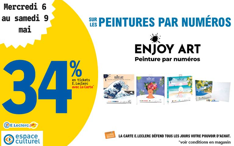 Du mercredi 6 au Samedi 9 mai, 34% en tickets leclerc avec la carte sur les peintures par numéros