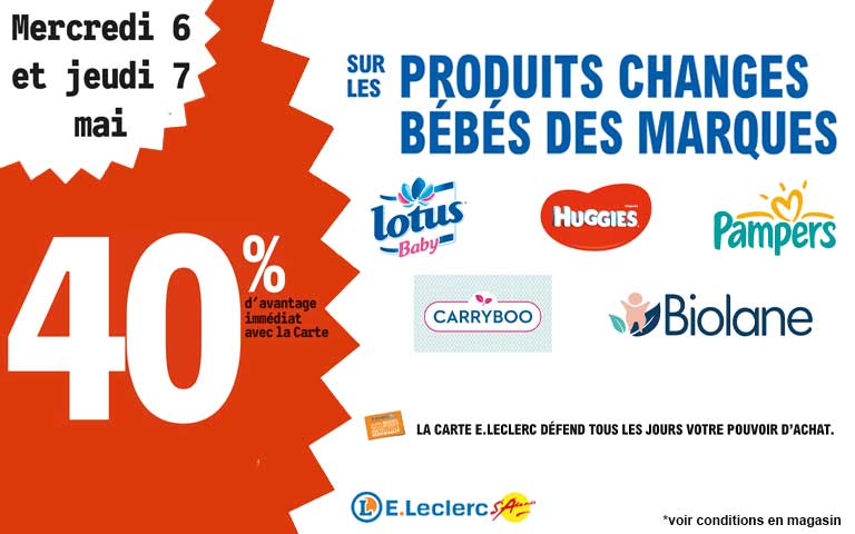 Mercredi 6 et Jeudi 7 mai, 40% d'avantage immédiat avec la carte sur les produits changes bébés des marques
