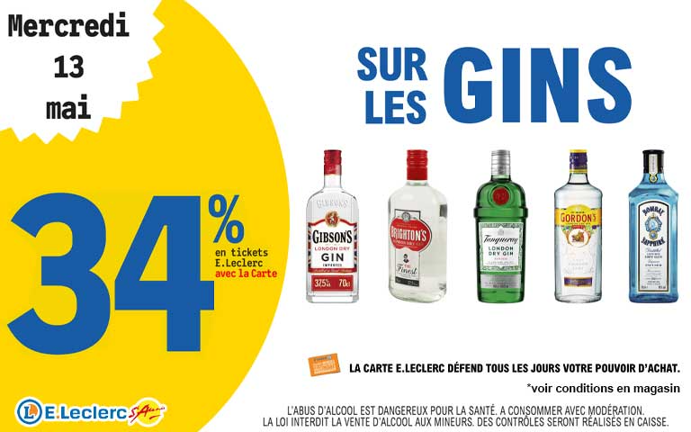 Mercredi 13 mai, 34% en tickets leclerc avec la carte sur les gins