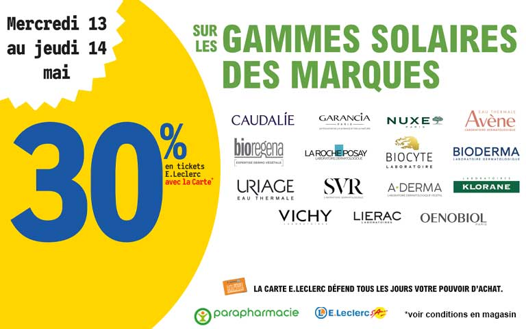 Mercredi 13 et Jeudi 14 mai, 30% en tickets leclerc sur les gammes soalires de plusieurs marques