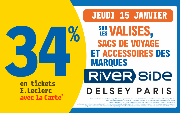 Jeudi 15 janvier 34% sur votre carte de fidelité sur les valises sacs de voyage et accessoires des marques riverside et delsey paris 