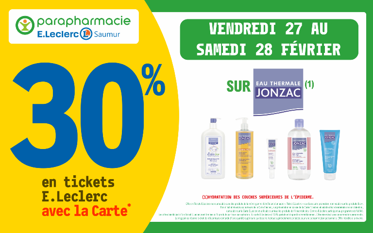 27 et 28 février 30% sur  votre carte de téléphonie sur la téléphonie de la marque EAU Thermale JONZAC dans votre parapharmacie