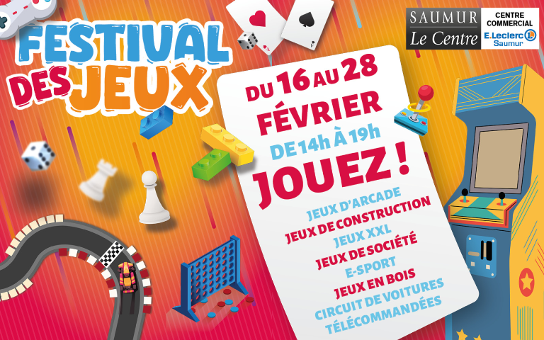 Du 16 au 28 février, de 14h à 19h, JOUEZ dans la galerie commerciale E.Leclerc Saumur : jeux d'arcade, jeux de construction, jeux XXL, jeux de société, e-sport, jeux en bois et circuit de voitures télécommandées !!
