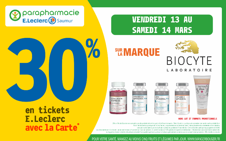 Le 13 et 14 mars 30% sur votre carte de fidelité sur la marque BIOCYTE dans votre parapharmacie Hors Lot et formats promotionnels