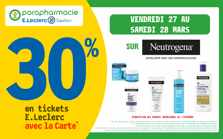 27 et 28 mars 30% avec votre carte de fidelité sur la marque NEUTROGENA dans votre parapharmacie