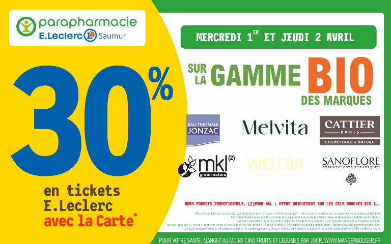 Le 1 et 2 avril 30% sur votre carte de fidelité sur la gamme Bio Des marques Jonzac, Melvita, Cattier, MKL, Weleda et sonoflore Hors promotion