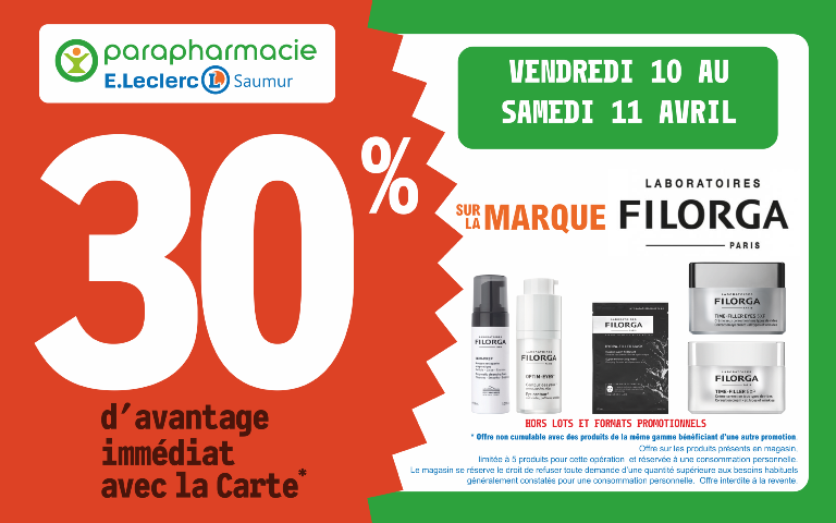 10 et  11 avril  34 % d'avantage immédiat avec la carte sur la marque FILORGA dans votre parapharmacie