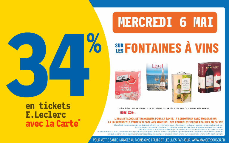 Le mercredi 6 mai 34% sur votre carte de fidelité sur les fontaines à vins Hors produits ECO+