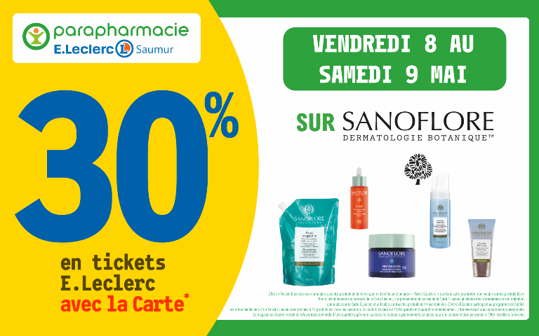 Le 8 et 9 mai 30% sur votre carte de fidelité sur la marque SANOFLORE dans votre parapharmacie
