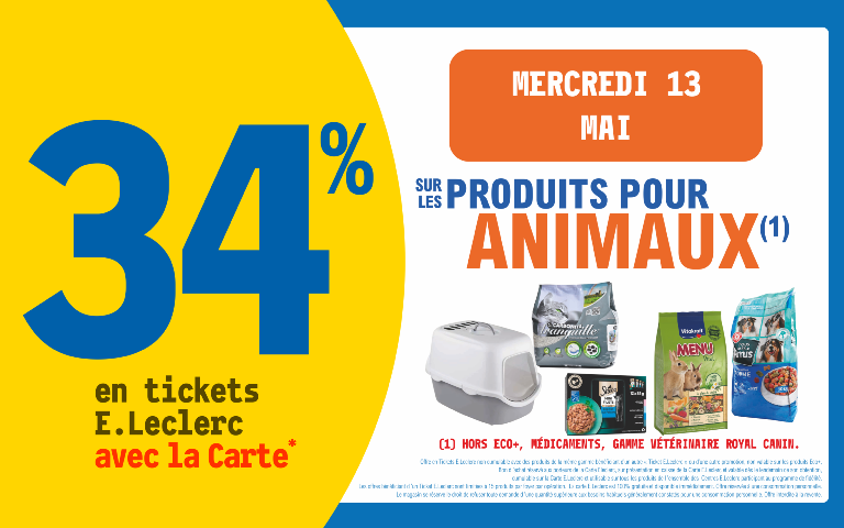Le 13 mai 34% sur votre carte de fidelité sur les produits animaux Hors eco+, gamme vétérinaire royal canin