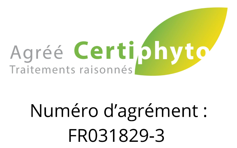 Logo de la certification "Certiphyto" accompagné de notre numéro d'agrément qui est le suivant : FR031829-3