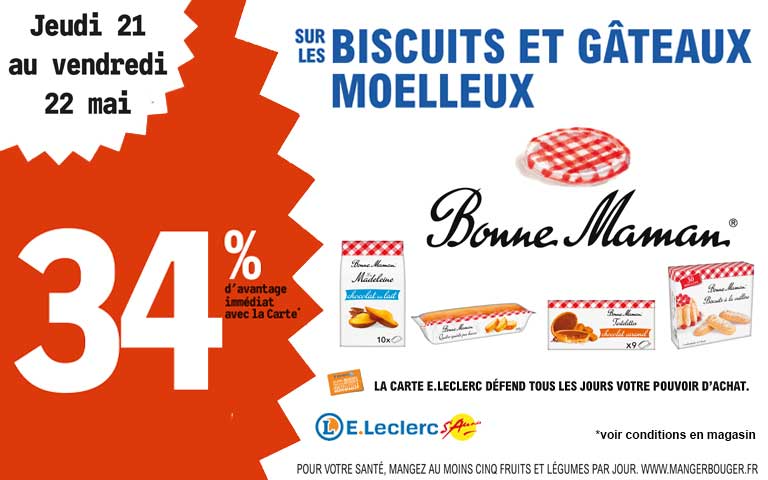 Jeudi 21 et Vendredi 22 mai, 34% d'avantage immediat sur les biscuits et gâteaux moelleux Bonne Maman