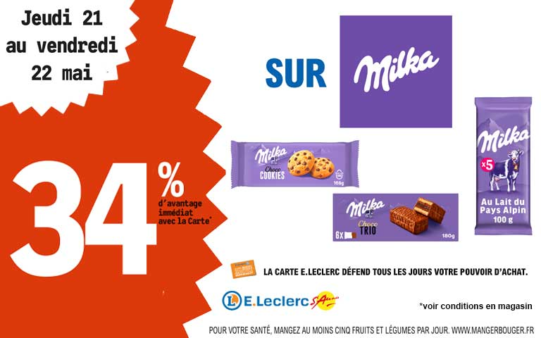 Jeudi 21 et Vendredi 22 mai, 34% d'avantage immediat avec la carte sur Milka