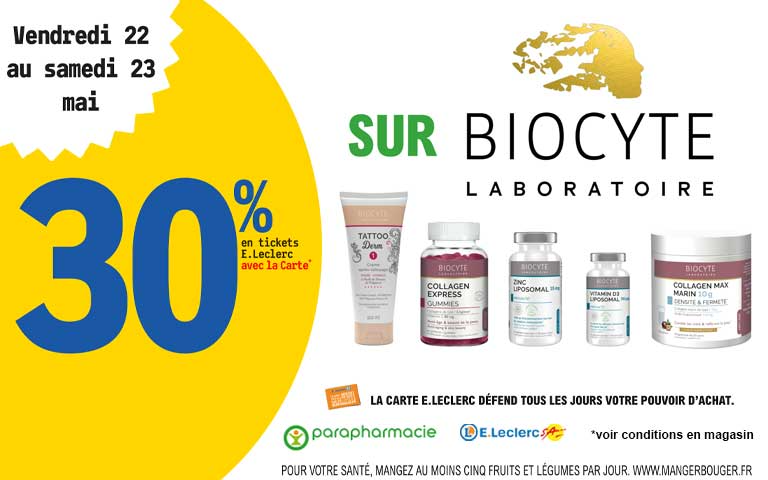 Vendredi 22 et Samedi 23, 30% en tickets leclerc sur Biocyte Laboratoire