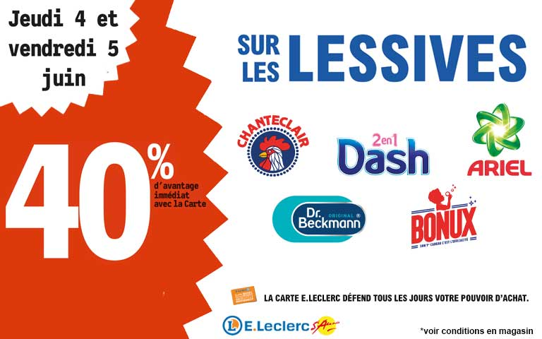 Les 4 et 5 juin, moins 40 pourcent de réduction immédiate sur les lessives. Avantage réservé aux porteurs de carte.