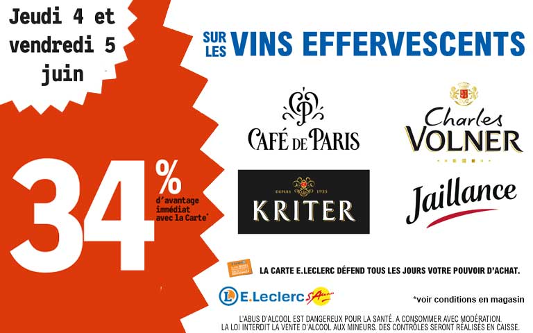 Les 4 et 5 juin, moins 34 pourcent de réduction immédiate sur les vins effervescents, disponible en Click & Collect sur le site ou sur l'appli. Avantage réservé aux porteurs de carte. L'abus d'alcool est dangereux pour la santé.