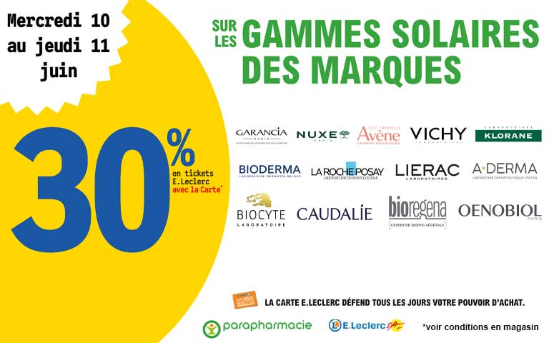 Du Mercredi 10 au Jeudi 11 juin, 30% en tickets leclerc sur els gammes solaires de plusieurs marques