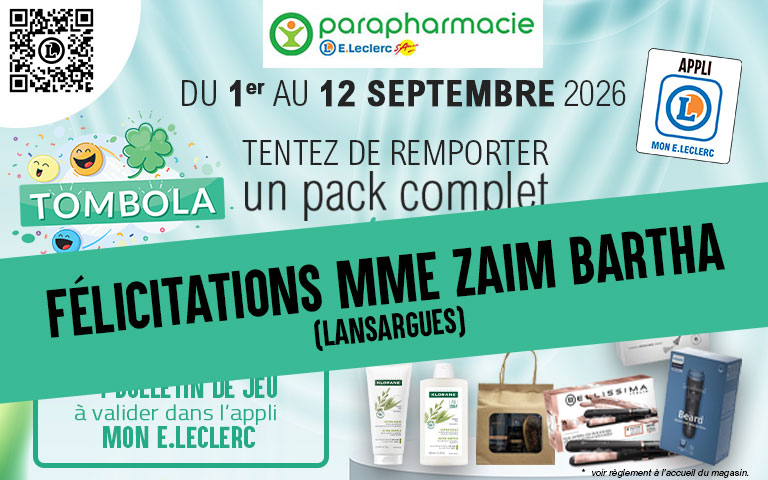 Félicitations Mme Zaim Bertha, vous avez remporté lle pack beauté anniversaire grâce à vos courses et votre appli mon E. Leclerc