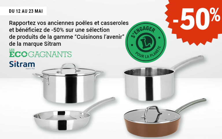 Du 12 au 23 mai, moins 50 pourcent de réduction immédiate sur une sélection de produits de la gamme “Cuisinons l’avenir” de la marque Sitram. Avantage réservé aux porteurs de carte