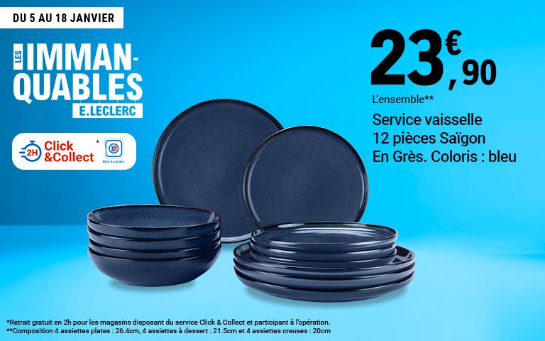 Du 5 au 18 janvier, profitez d'une offre immanquable sur le service de vaisselle 12 pièces Saïgon en Grès de couleur bleu. à 23,90€. Offre également disponible en click&collect.