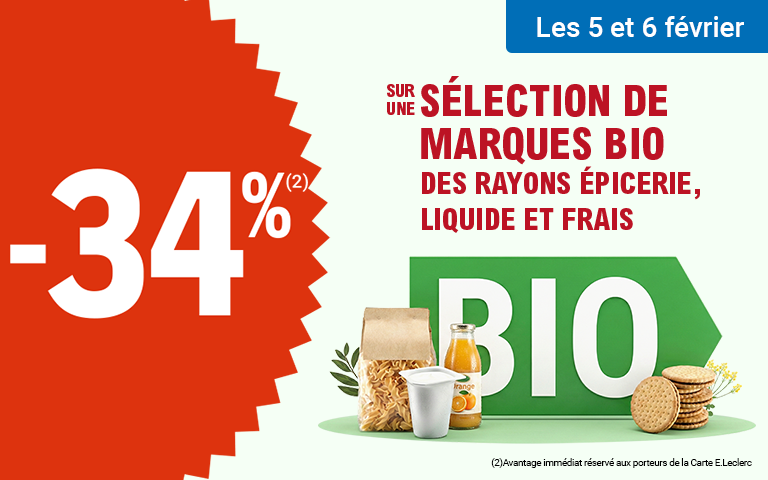 Les 5 et 6 février profitez de 34% d'avantage immédiat sur une sélection de marques bio des rayons épicerie, liquide et frais.