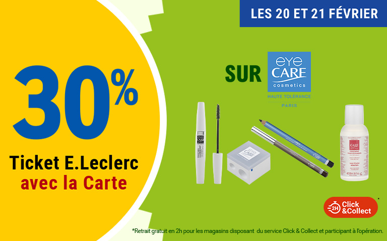 Les 20 et 21 février profitez de 30% d'avantage en tickets E.Leclerc sur la marque Eyecare. Offre également disponible en click&collect