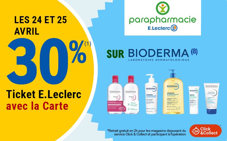 Les 24 et 25 avril, profitez de 30% d'avantage en tickets E.Leclerc sur la marque Bioderma dans votre parapharmacie. Offre également disponible en click&collect.