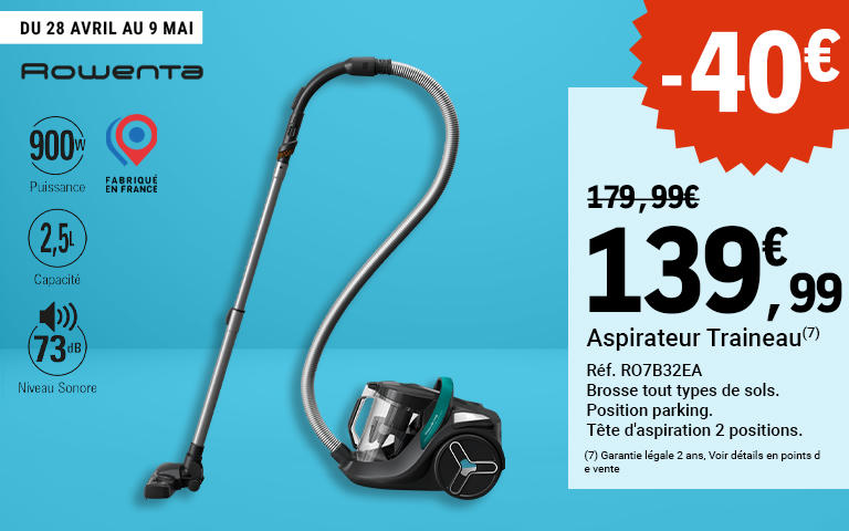 Du 28 avril au 9 mai, profitez de -40e sur l'aspirateur traineau de la marque Rowenta. prix passant de 179.99€ à 139.99€. Brosse tous types de sols, position parking. tête d'aspiration 2 positions. Fabriqué en France. Puissance de 900W. Capacité de 2,5L. Niveau sonore de 73Db.