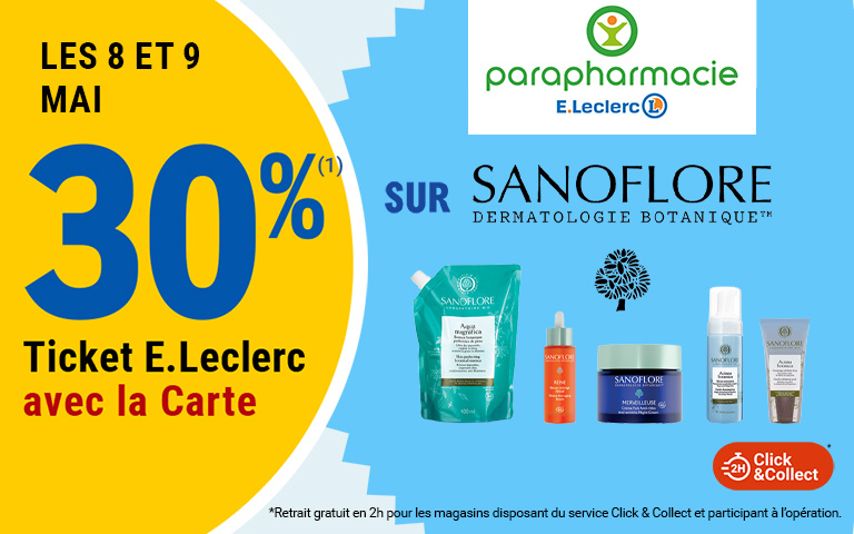 Les 8 et 9 mai, 30 pourcent en Ticket E.Leclerc sur la Carte sur Sanoflore dermatologie botanique, disponible en Click & Collect sur le site ou sur l'appli. Cliquez pour les mentions légales