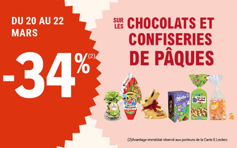 Du 20 au 22 mars, profitez de -34 pour cent sur les chocolats et confiseries de Pâques. Avantage réservé aux porteurs de carte