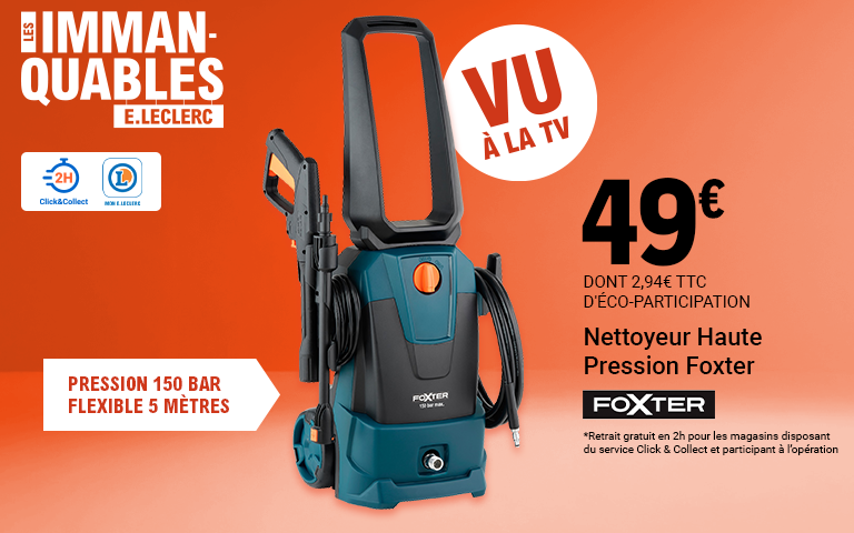 Offre Les Immanquables E.Leclerc : Nettoyeur Haute Pression Foxter à 49€ (dont 2,94€ d'éco-participation). Pression 150 bar max et flexible de 5 mètres. Produit vu à la TV. Retrait gratuit en 2h via Click & Collect.