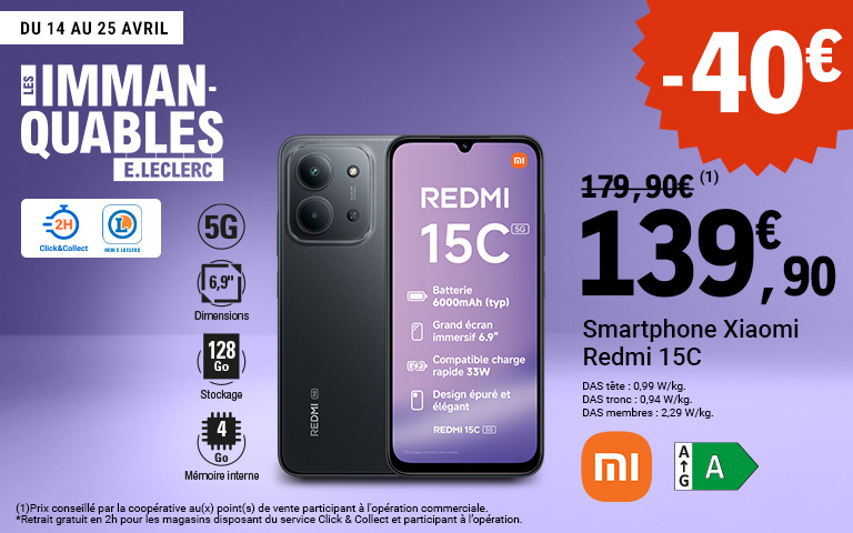 Offre "Les Immanquables" E.Leclerc du 14 au 25 avril : Smartphone Xiaomi Redmi 15C 5G à 139,90€ au lieu de 179,90€ (soit 40€ de remise immédiate). Écran immersif 6,9 pouces, stockage 128 Go, batterie 6000 mAh et charge rapide 33W. Coloris noir.