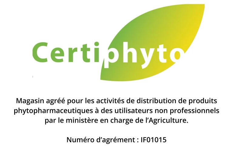 Magasin agréé pour les activités de distribution de produits phytopharmaceutiques à des utilisateurs non professionnels par le ministère en charge de l’Agriculture. Numéro d’agrément : IF01015