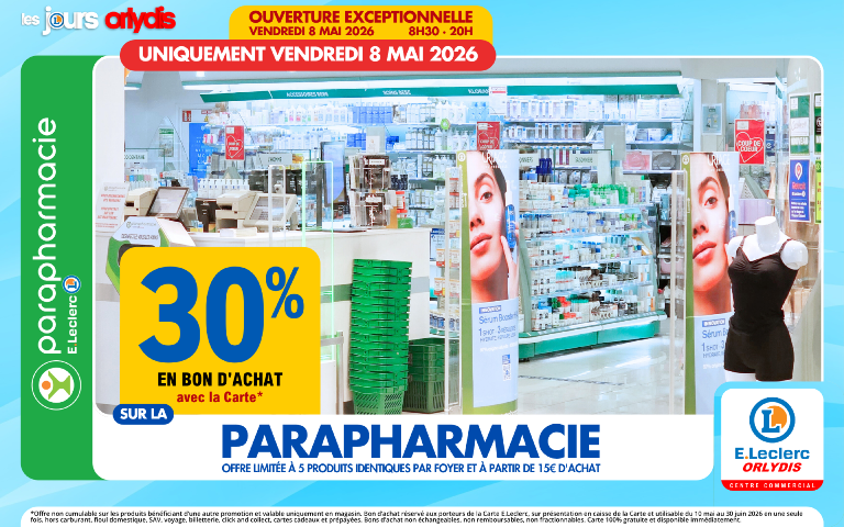   Le 8/05 uniquement, 30% en bon d'achat mention étoile sur la parapharmacie, offre limitée à 5 produits identiques par foyer et à partir de 15€ d'achat.