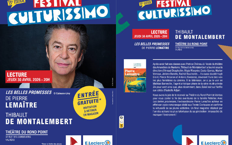 FESTIVAL CULTURISSIMO 2026 : Thibault de Montalembert lit "Les belles promesses" de Pierre Lemaître, jeudi 30 avril, 20h00 au Théâtre du Rond Point.