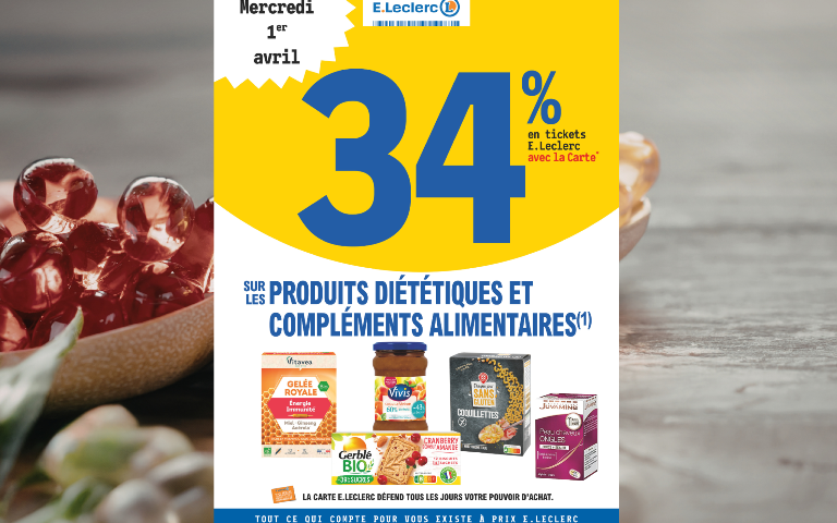 34% en ticket E.Leclerc sur les produits diététiques et compléments alimentaires ce mercredi 01 avril
